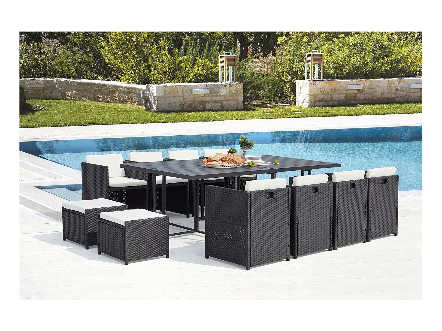 Salotto da giardino a incasso 12 posti resina intrecciata nero/bianco SUNSET