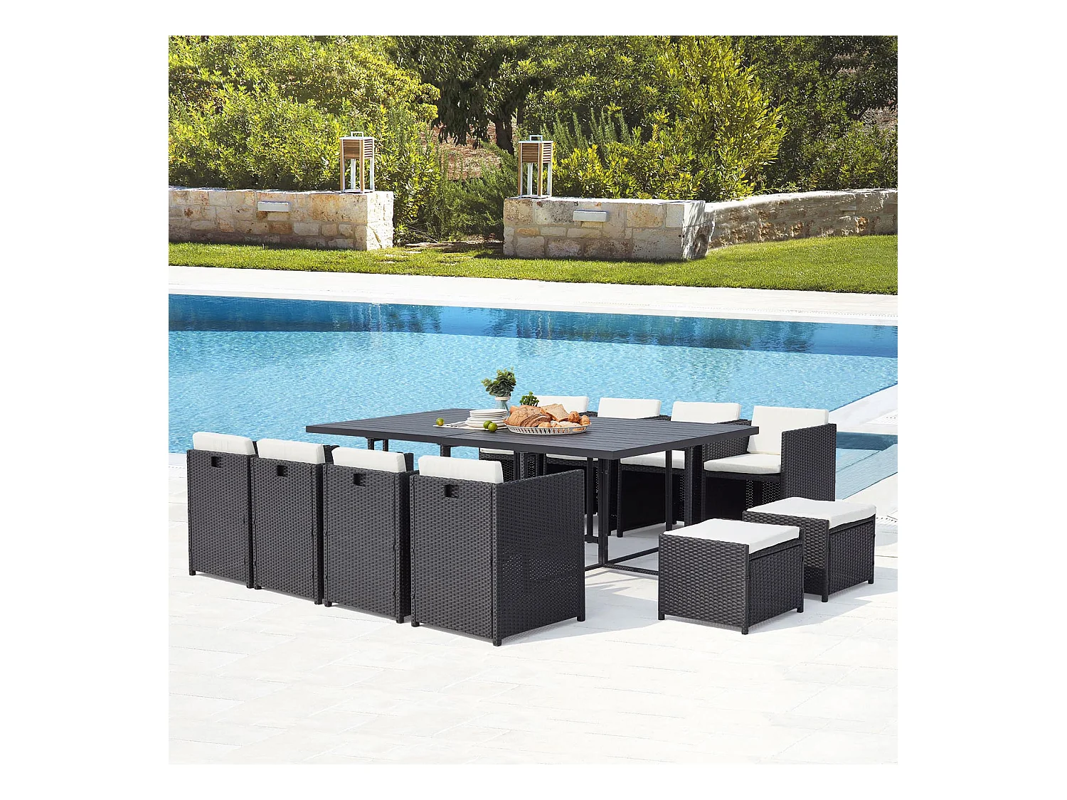 Table et chaise 12 places encastrables alu résine noir-blanc SUNSET