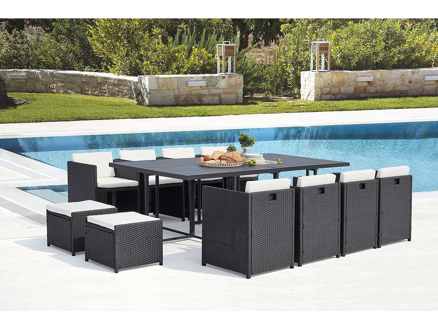 Salotto da giardino a incasso 12 posti resina intrecciata nero/bianco SUNSET