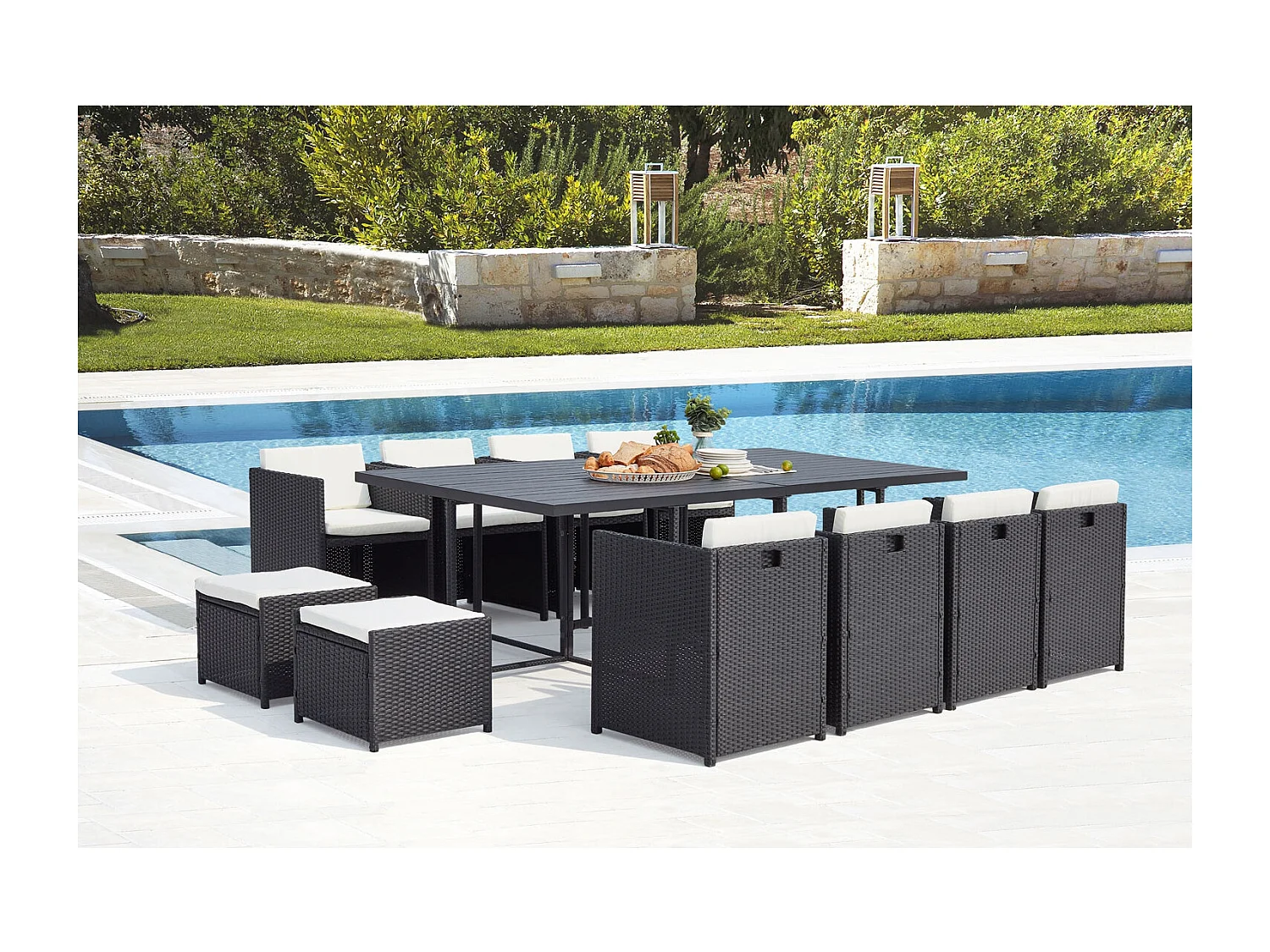 Salotto da giardino a incasso 12 posti resina intrecciata nero/bianco SUNSET