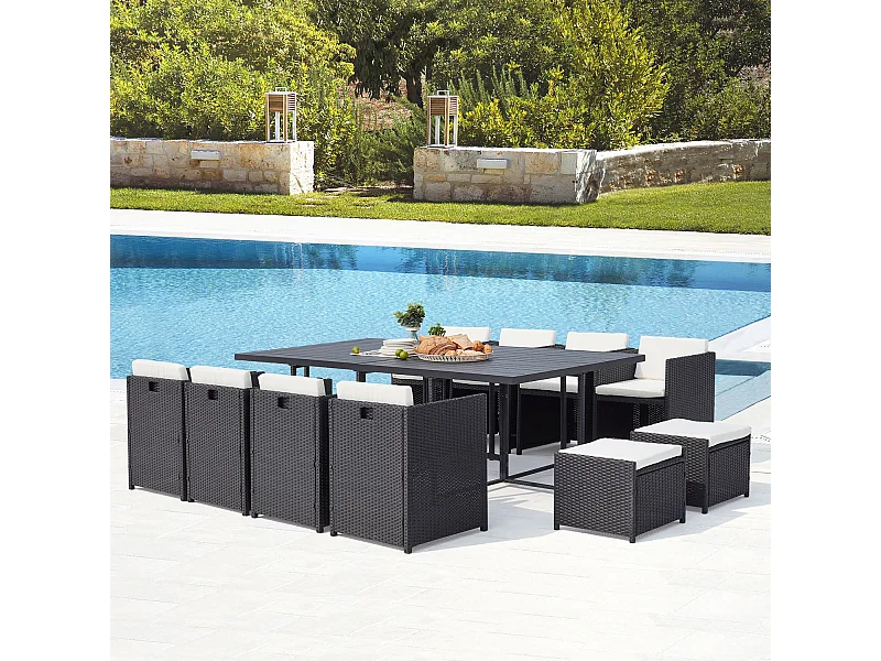 Salotto da giardino a incasso 12 posti resina intrecciata nero/bianco SUNSET