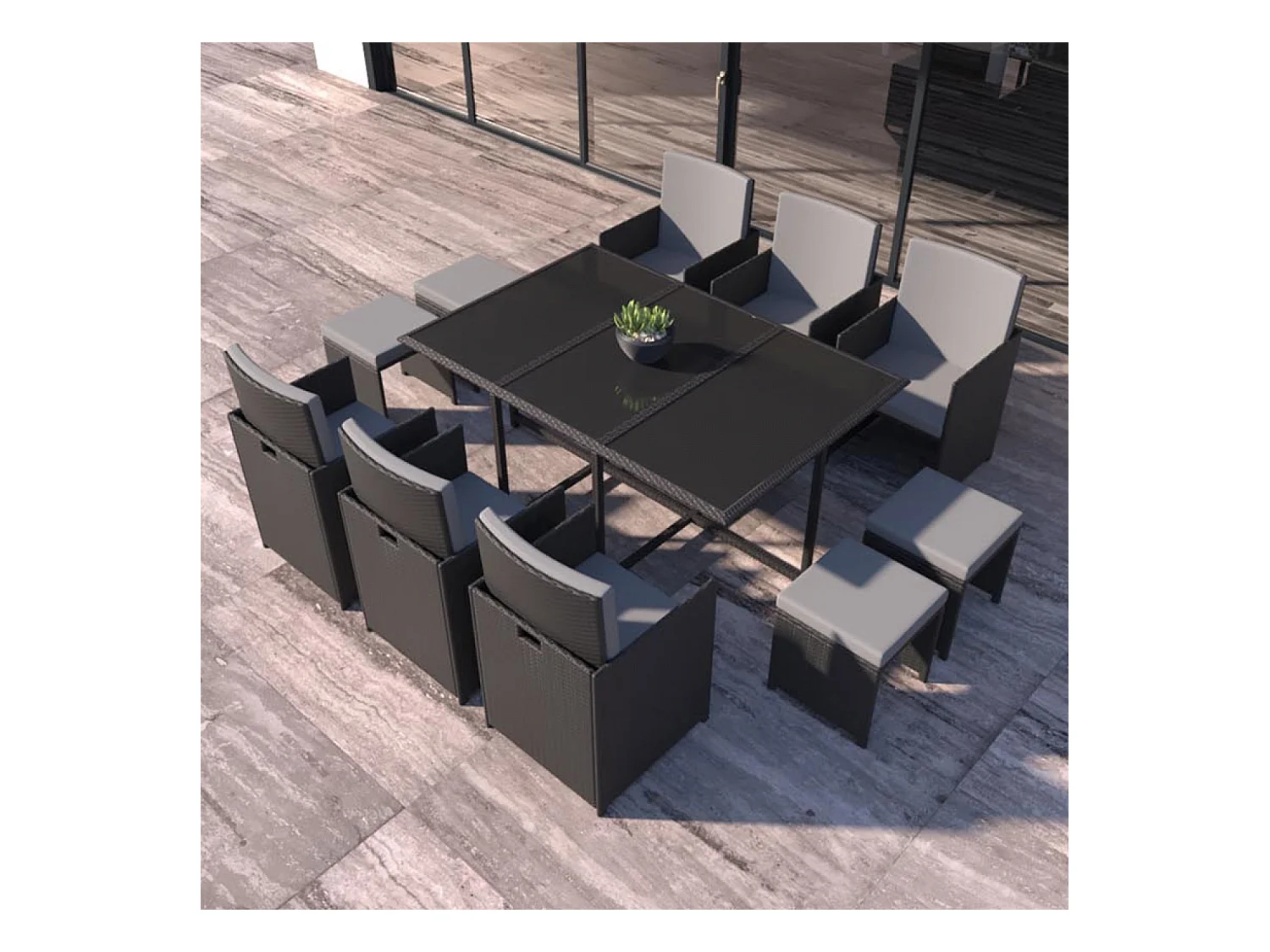 Table et chaises 10 places en résine tressée noir et gris FLORIDA