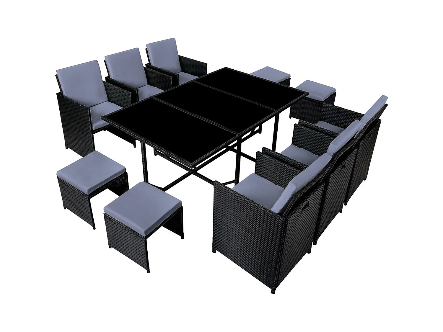 Table et chaises 10 places en résine tressée noir et gris FLORIDA