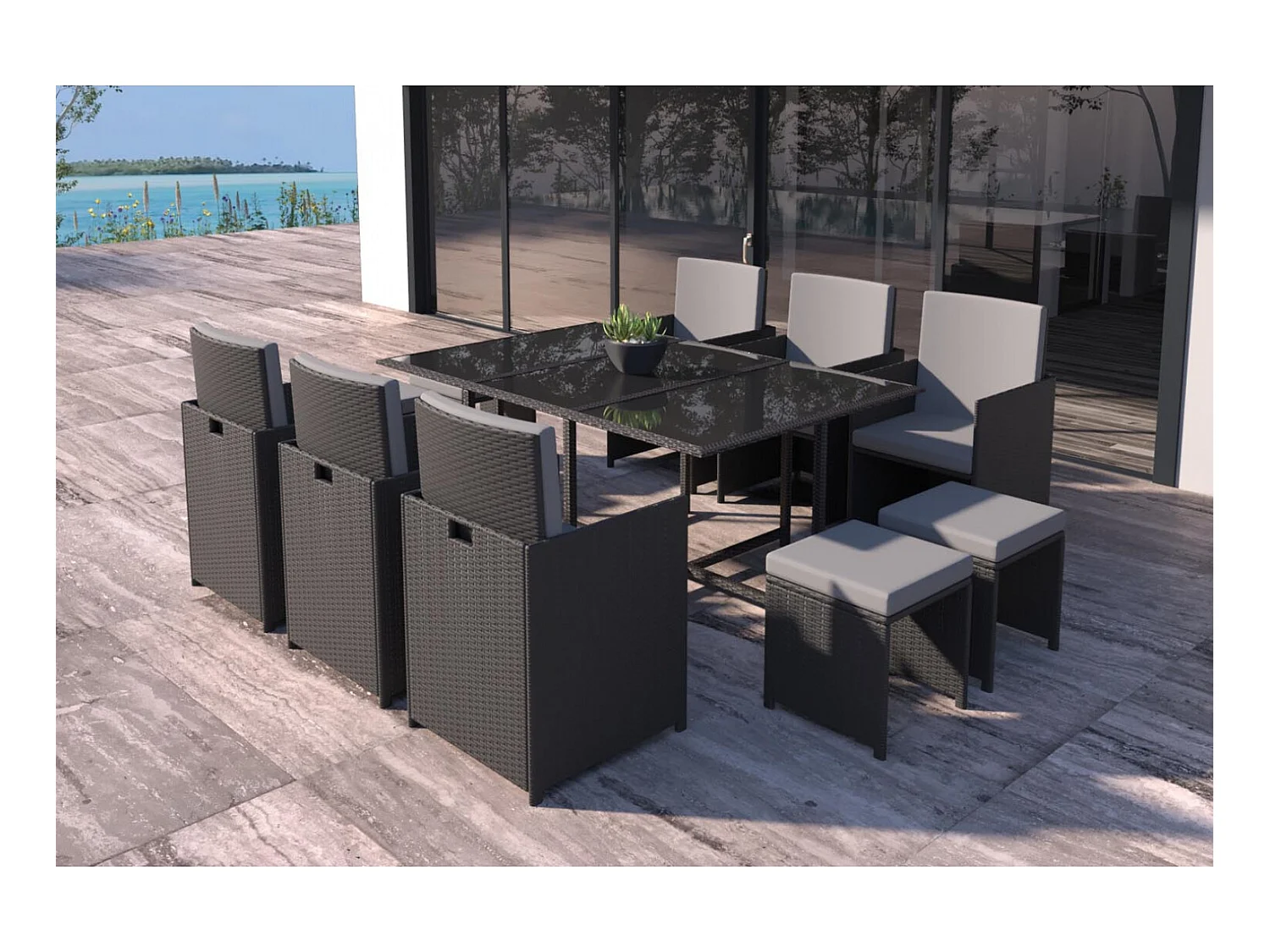 Table et chaises 10 places en résine tressée noir et gris FLORIDA