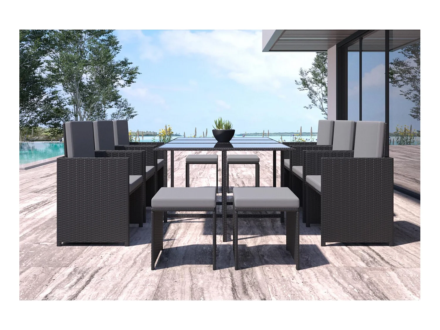 Table et chaises 10 places en résine tressée noir et gris FLORIDA