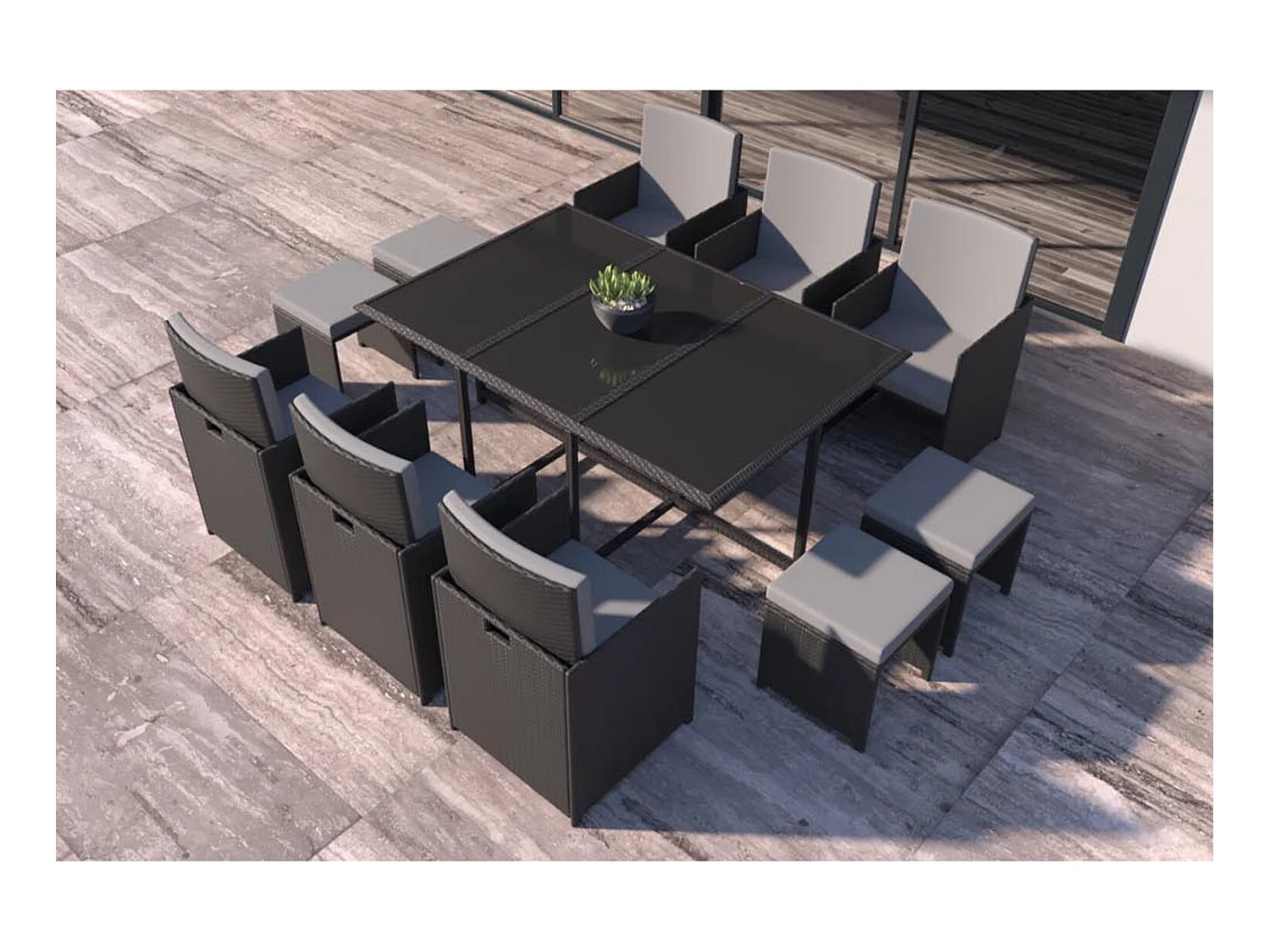 Table et chaises 10 places en résine tressée noir et gris FLORIDA