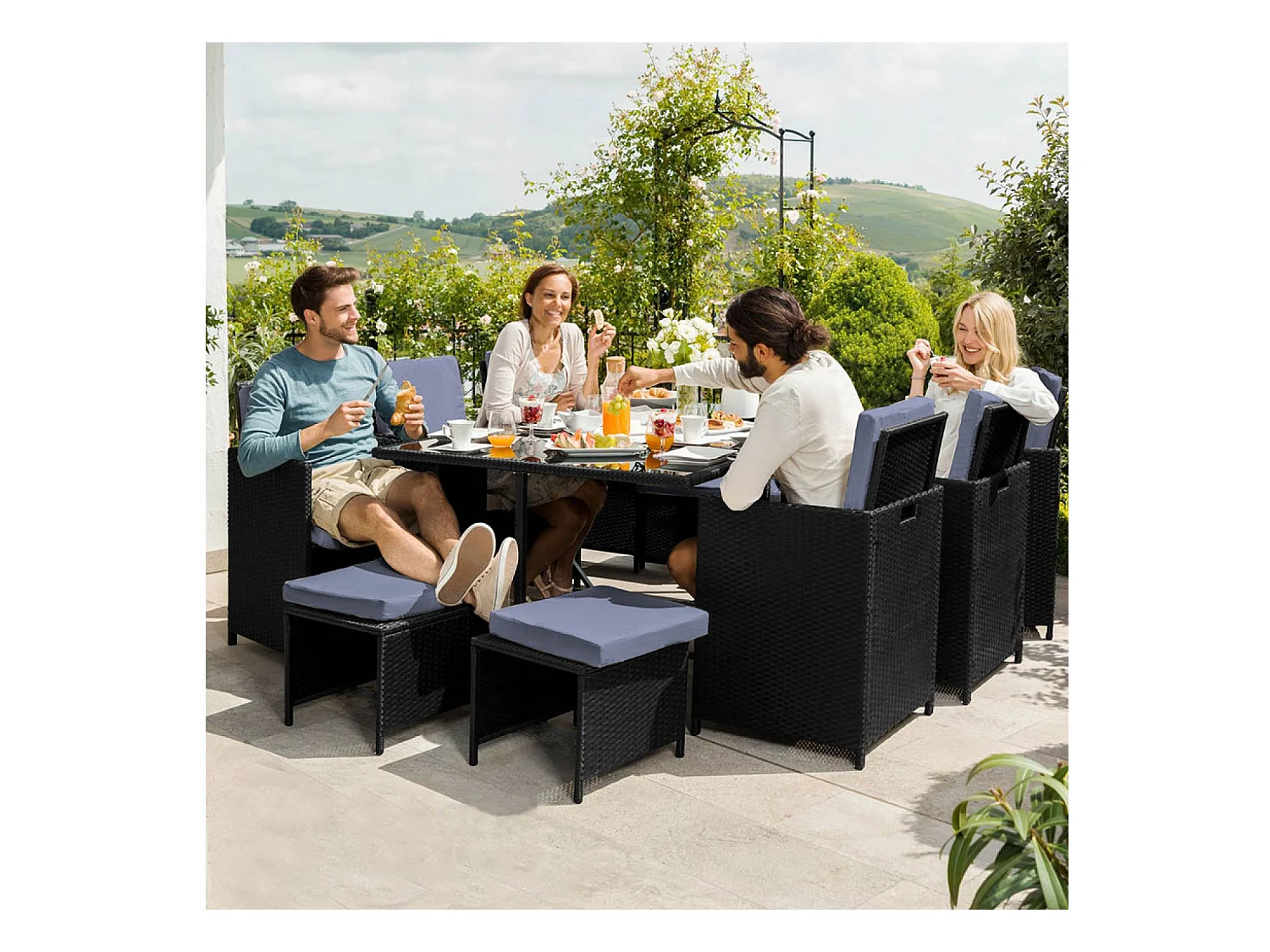 Table et chaises 10 places en résine tressée noir et gris FLORIDA