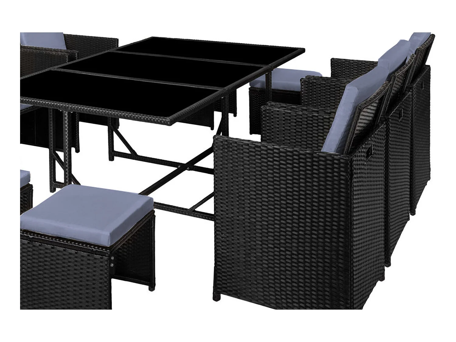 Table et chaises 10 places en résine tressée noir et gris FLORIDA