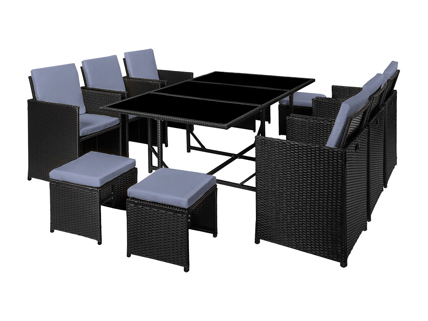 Table et chaises 10 places en résine tressée noir et gris FLORIDA