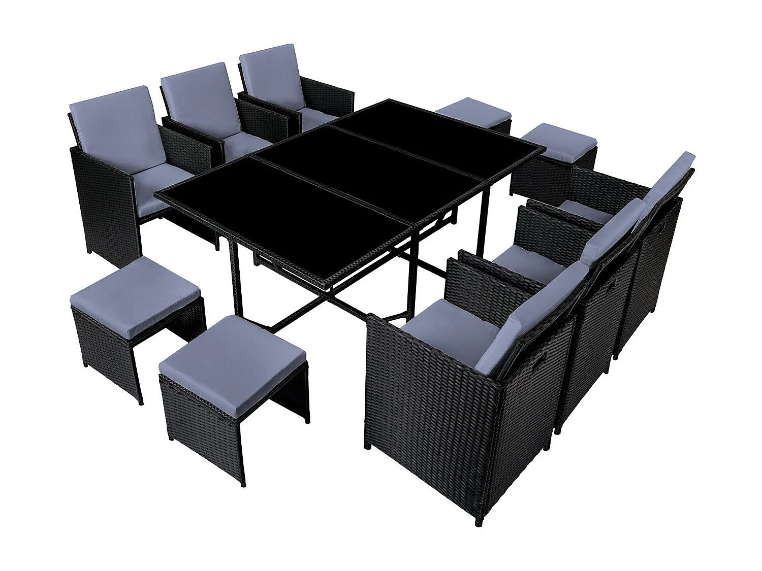 Table et chaises 10 places en résine tressée noir et gris FLORIDA