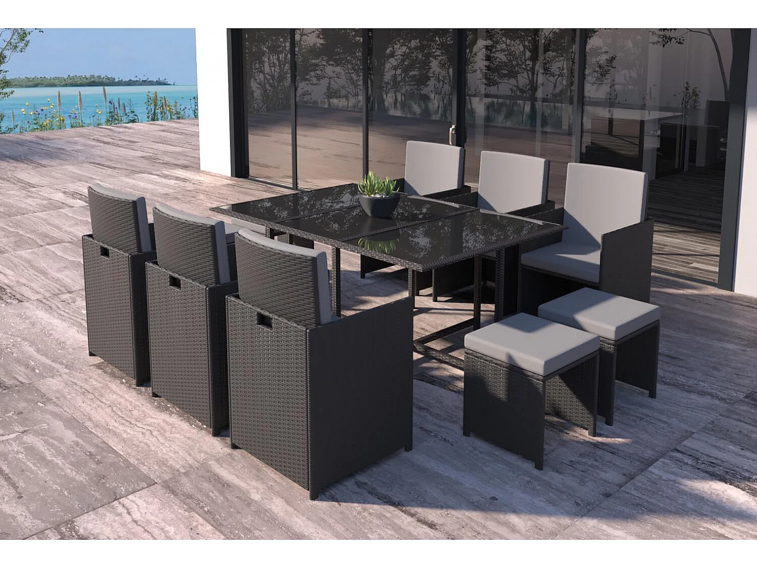 Table et chaises 10 places en résine tressée noir et gris FLORIDA