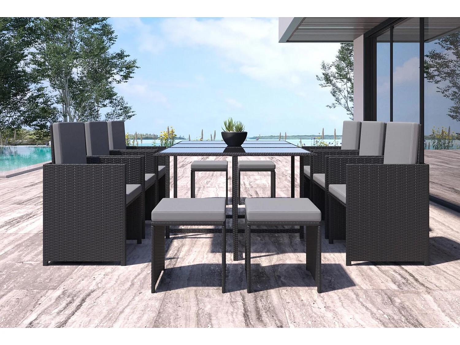 Table et chaises 10 places en résine tressée noir et gris FLORIDA