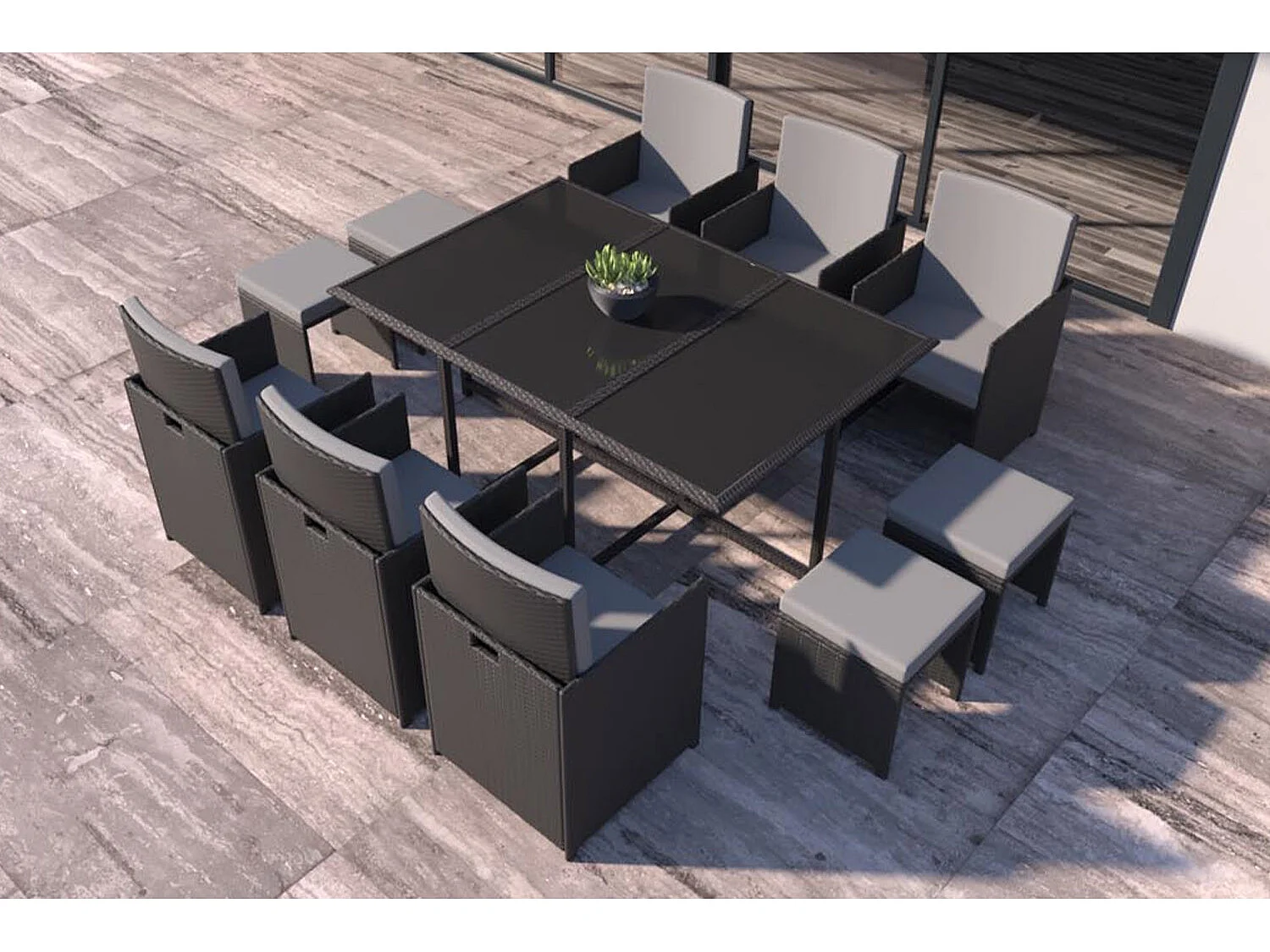 Table et chaises 10 places en résine tressée noir et gris FLORIDA