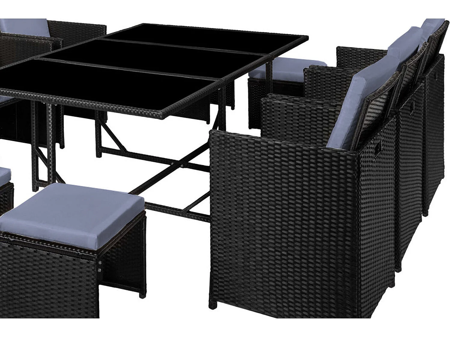 Table et chaises 10 places en résine tressée noir et gris FLORIDA