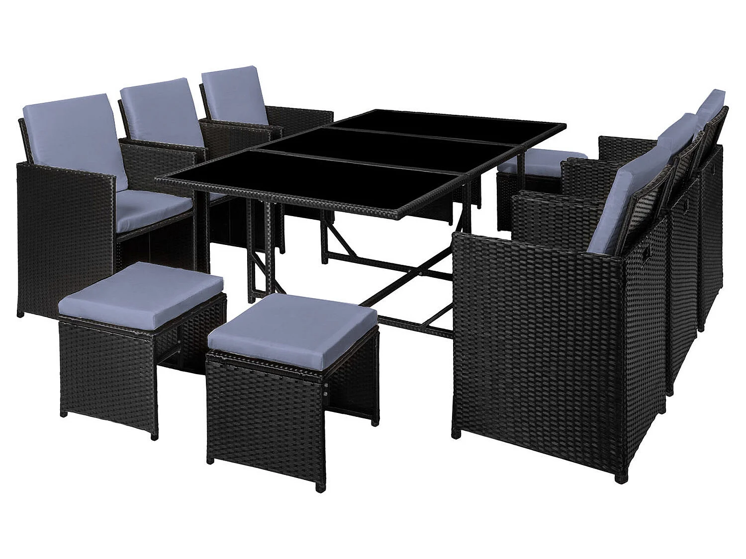 Table et chaises 10 places en résine tressée noir et gris FLORIDA