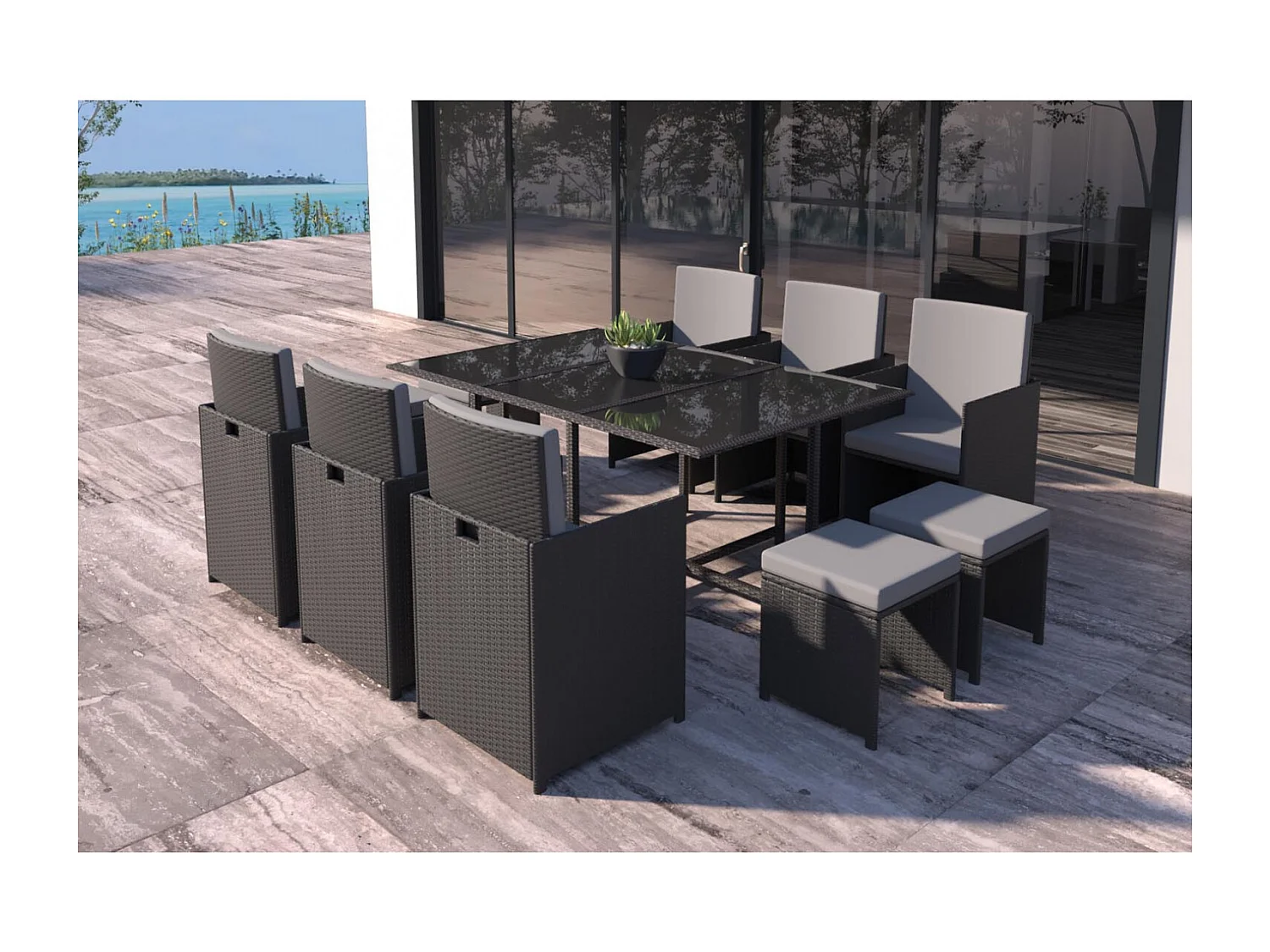 Salón de jardín 10 plazas de resina trenzada negra y gris FLORIDA