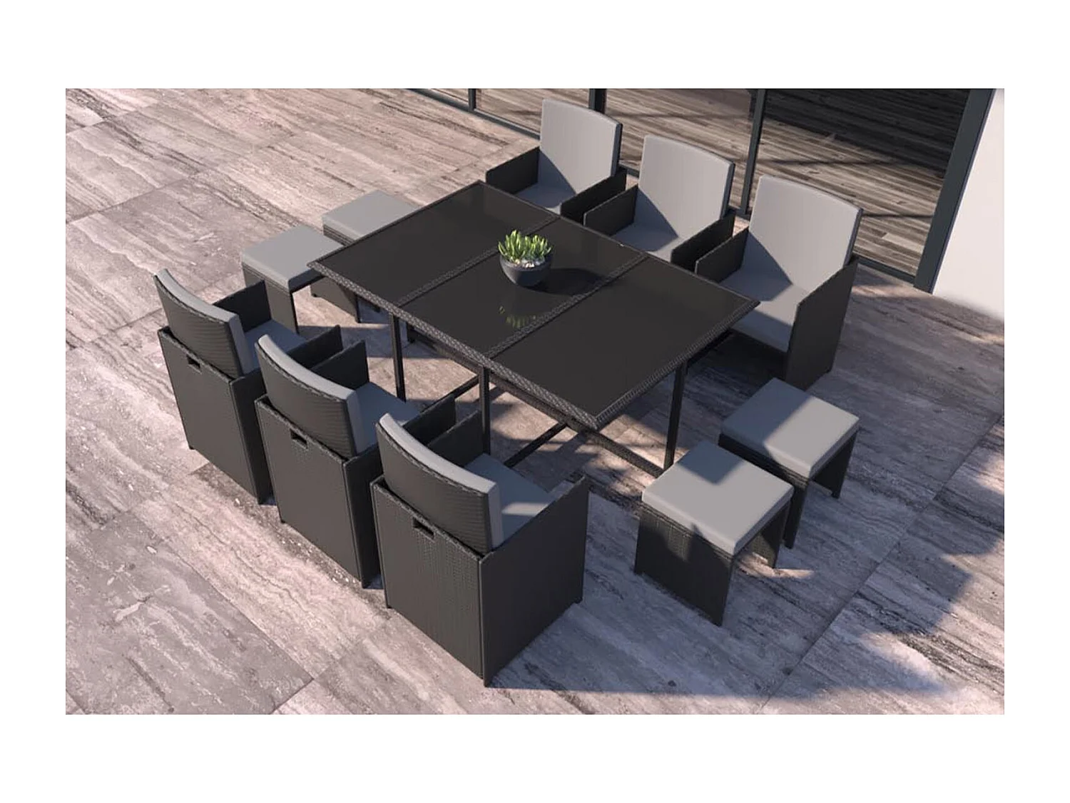 Table et chaises 10 places en résine tressée noir et gris FLORIDA