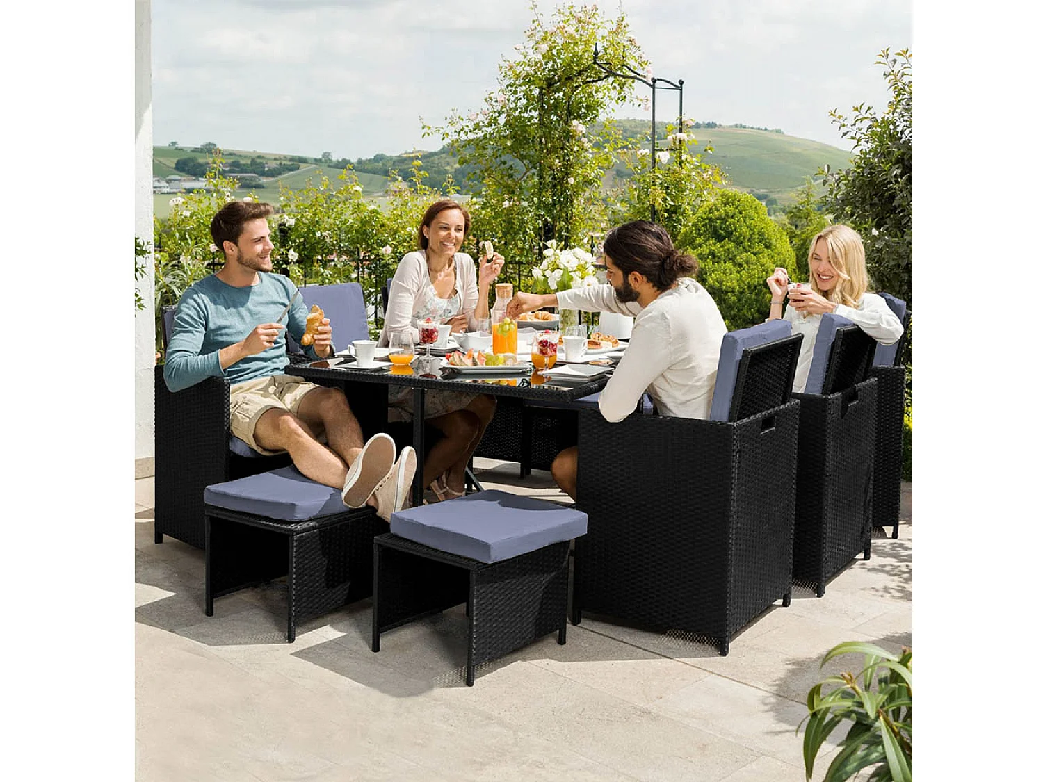 Table et chaises 10 places en résine tressée noir et gris FLORIDA