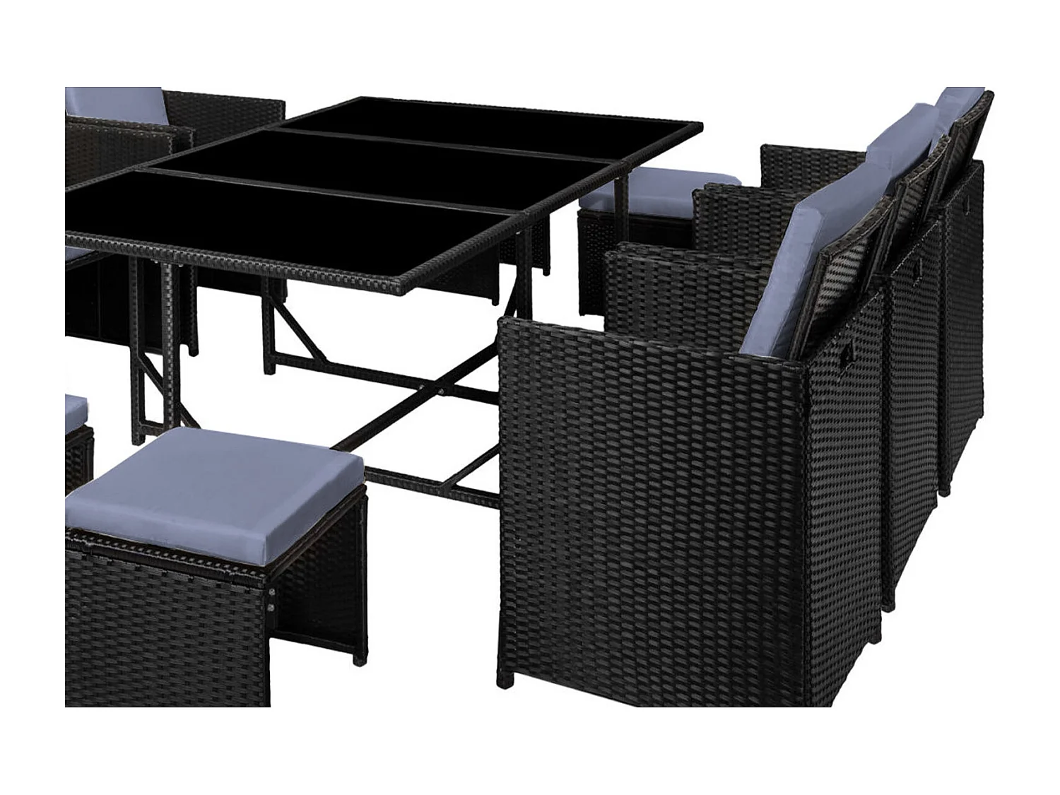 Table et chaises 10 places en résine tressée noir et gris FLORIDA