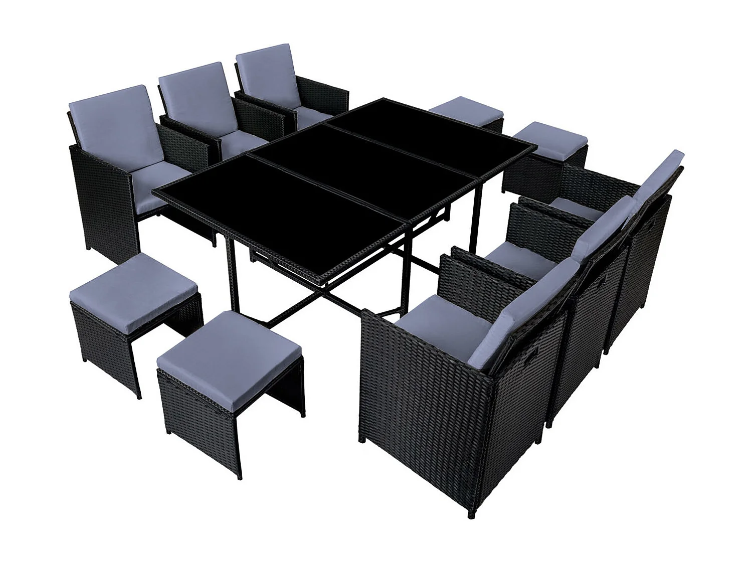 Table et chaises 10 places en résine tressée noir et gris FLORIDA
