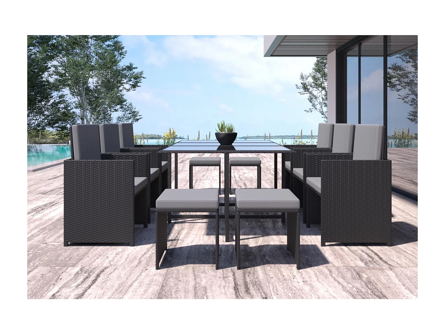 Table et chaises 10 places en résine tressée noir et gris FLORIDA