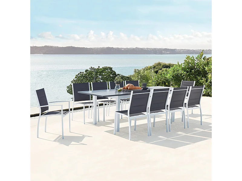 Table de jardin extensible et 10 chaises alu-toile PVC blanc AREZZO