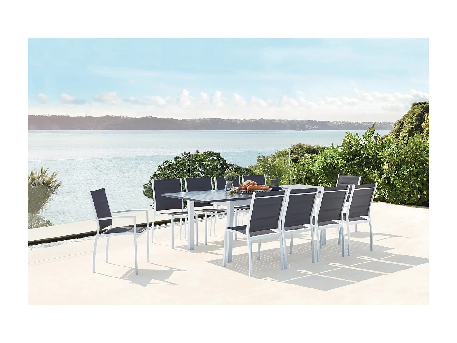 Conjunto de jardín extensible aluminio + 10 asientos textileno blanco AREZZO