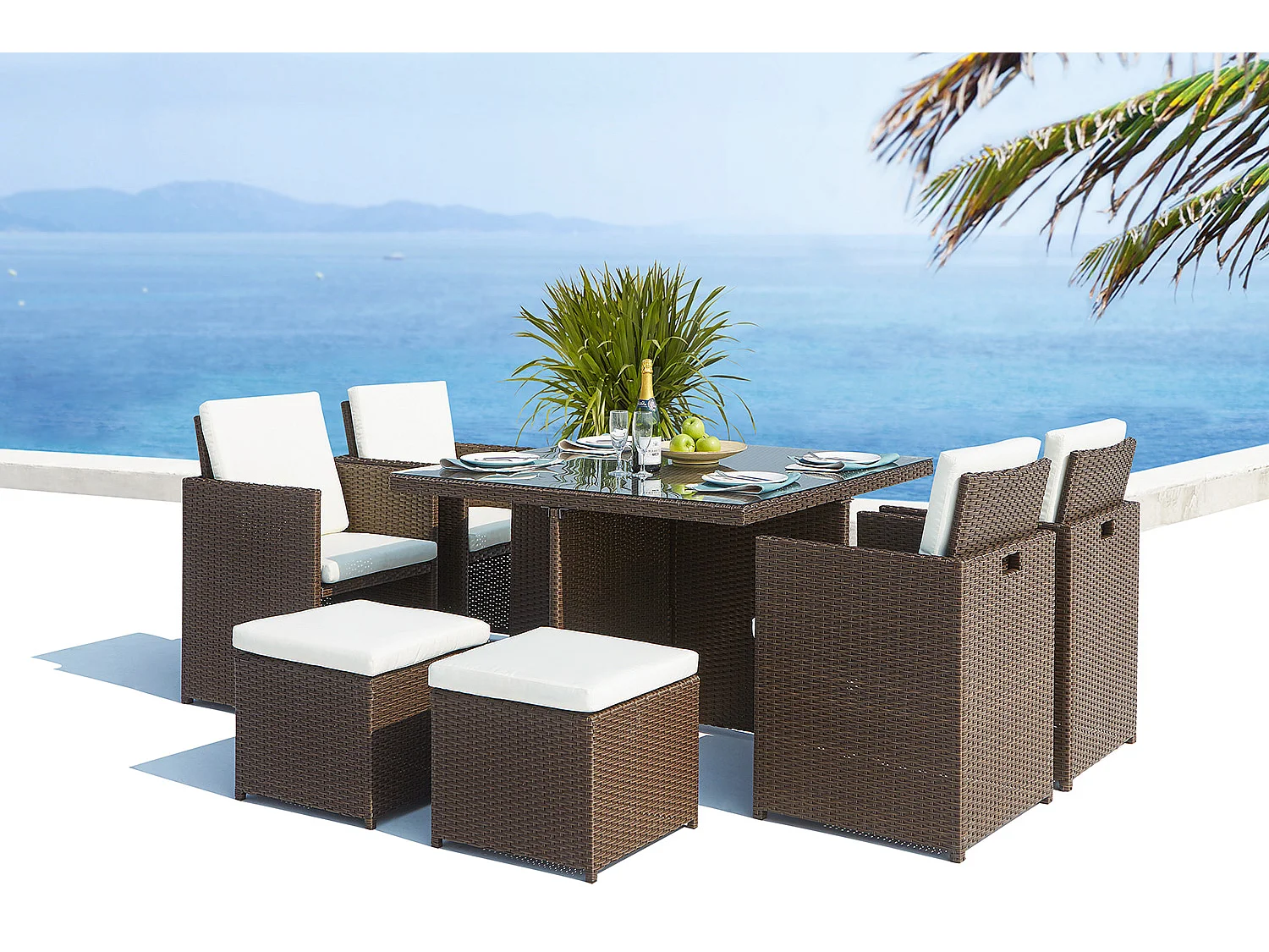 Table et chaises 8 places encastrables résine marron-blanc MONACO