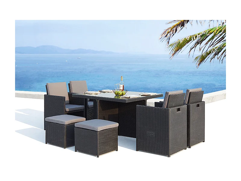 Salón de jardín encastrable 8 plazas de resina trenzada negro/gris MONACO