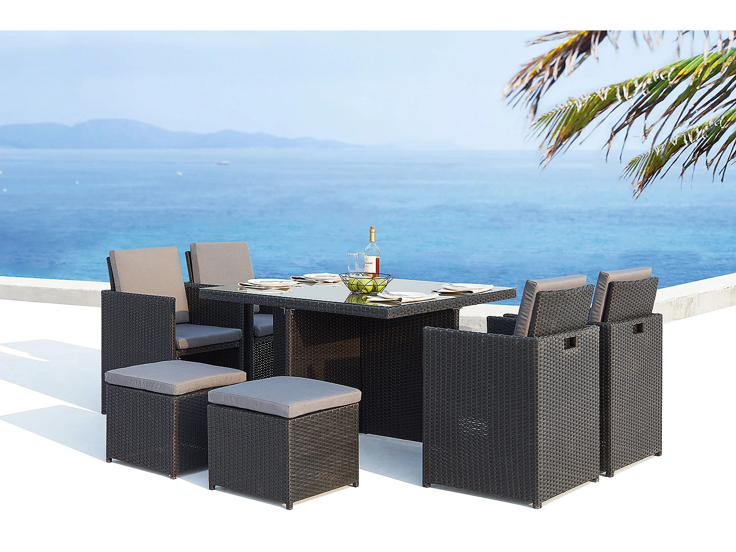 Gartenmöbel-Set aus schwarz-grauem Rattan Monaco 8 Plätze - Minimalistisches und praktisches Design