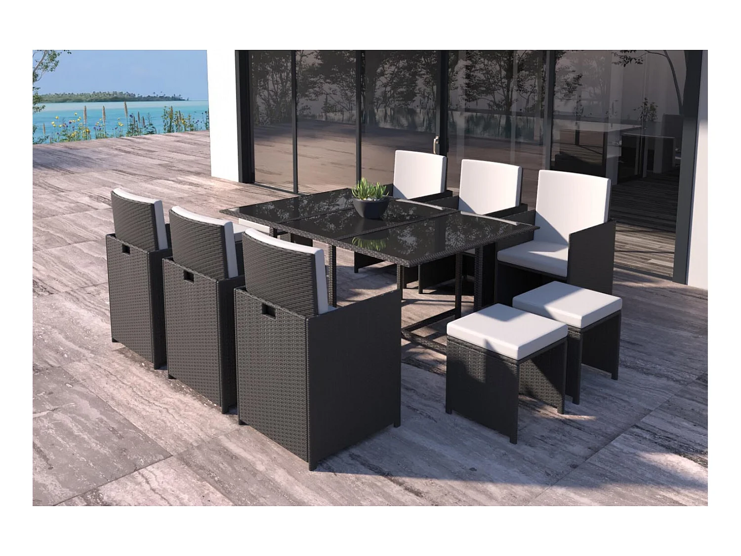 Salotto da giardino 10 posti resina intrecciata nera e bianca FLORIDA