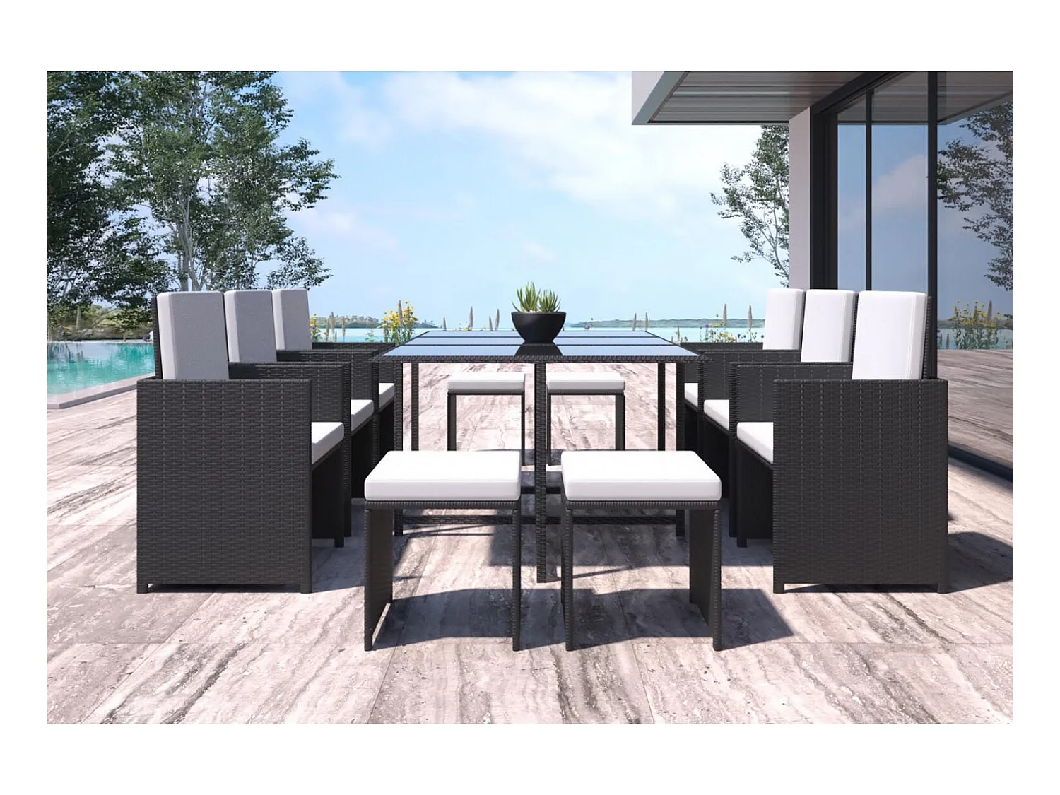 Salotto da giardino 10 posti resina intrecciata nera e bianca FLORIDA