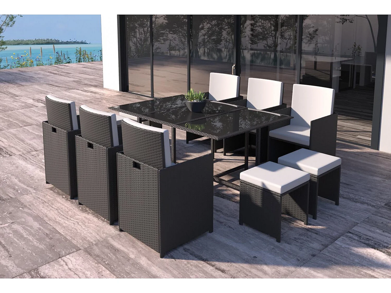 Loungeset voor 10 personen van zwart/wit gevlochten kunsthars FLORIDA