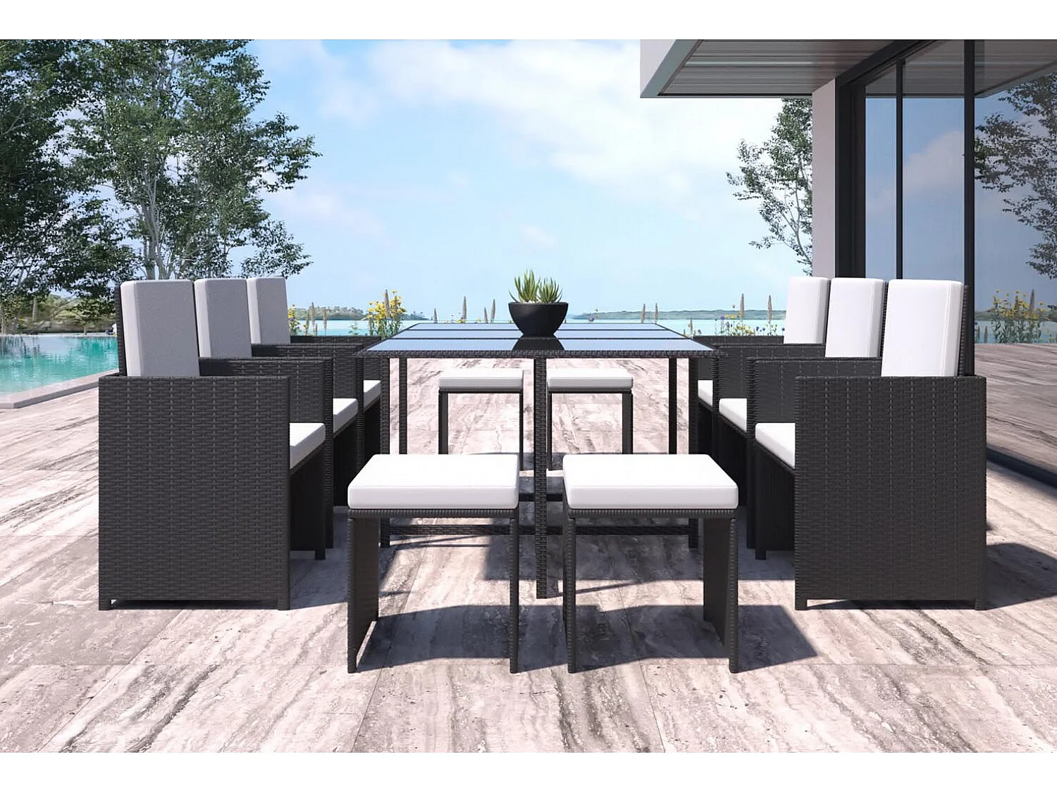 Loungeset voor 10 personen van zwart/wit gevlochten kunsthars FLORIDA