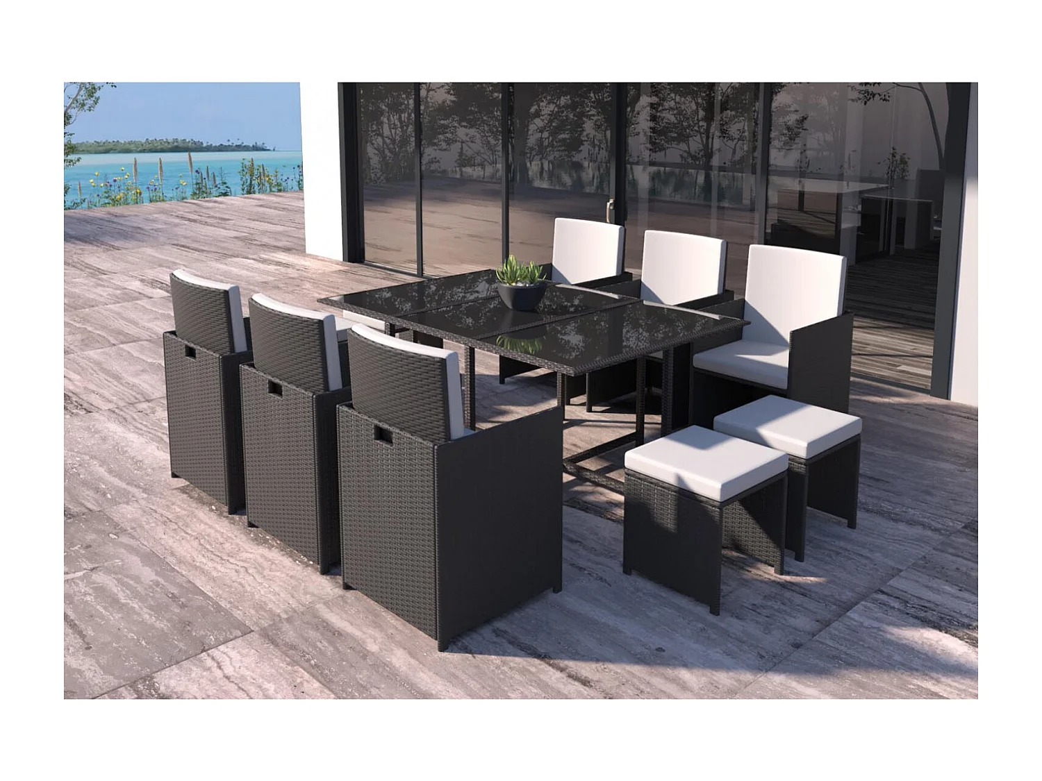 Table et chaises 10 places en résine tressée noir et blanc FLORIDA