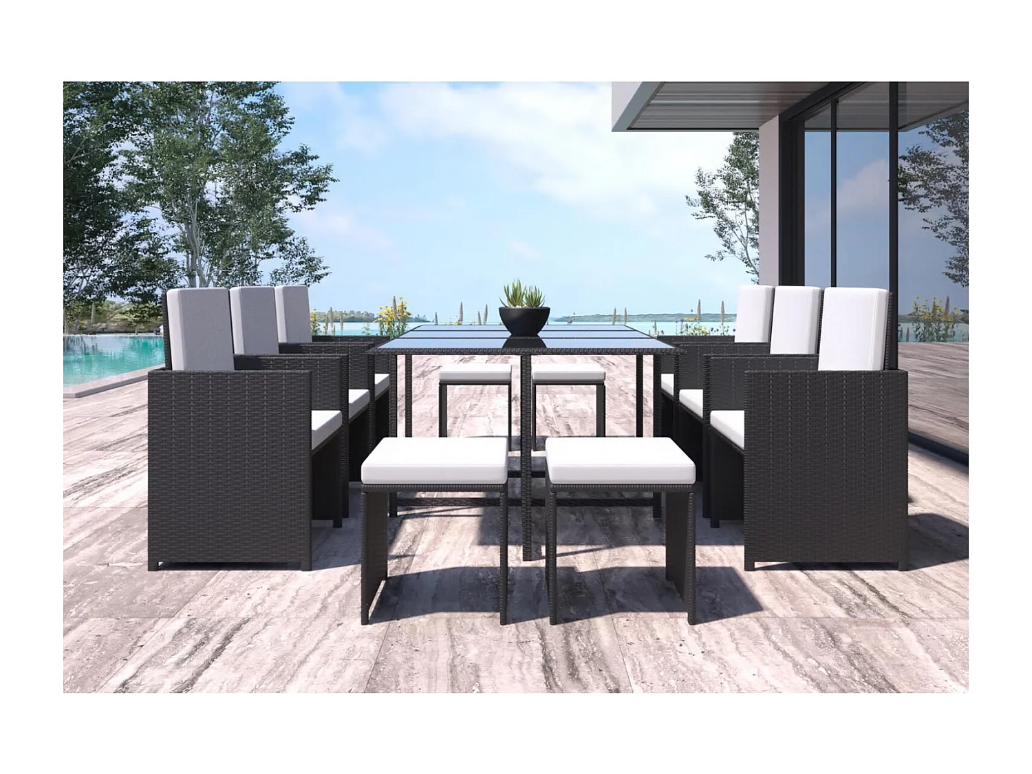 Table et chaises 10 places en résine tressée noir et blanc FLORIDA