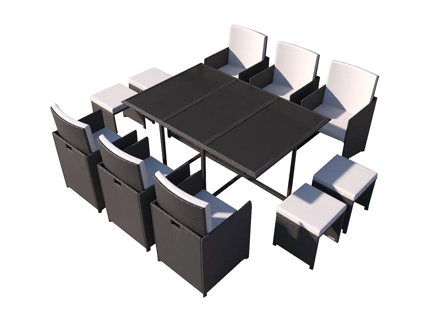 Table et chaises 10 places en résine tressée noir et blanc FLORIDA