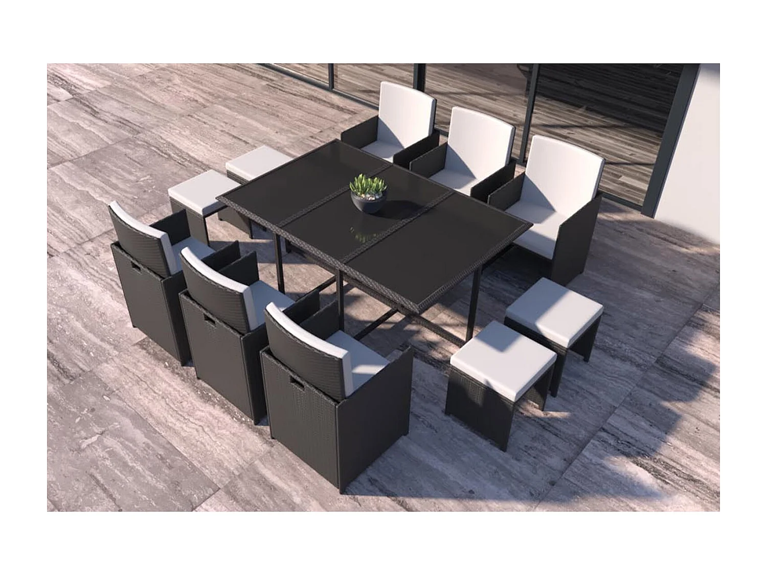 Table et chaises 10 places en résine tressée noir et blanc FLORIDA