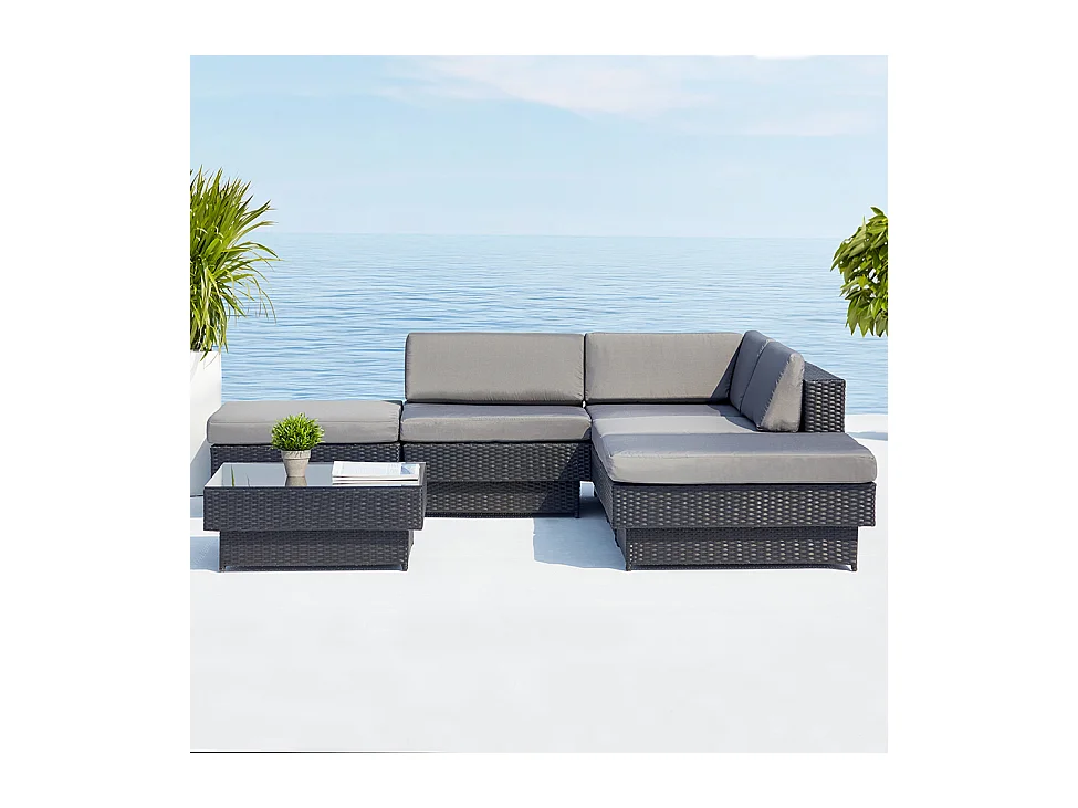 Salon de jardin d'angle 5 places en résine tressée gris AMORGOS