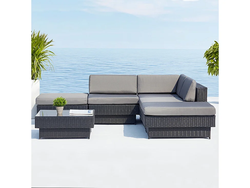 Salon de jardin d'angle 5 places en résine tressée gris AMORGOS
