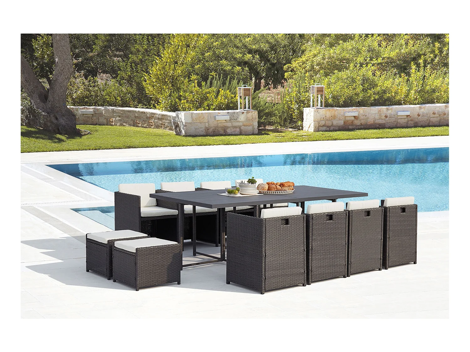 Salotto da giardino a incasso 12 posti resina intrecciata grigio/bianco SUNSET