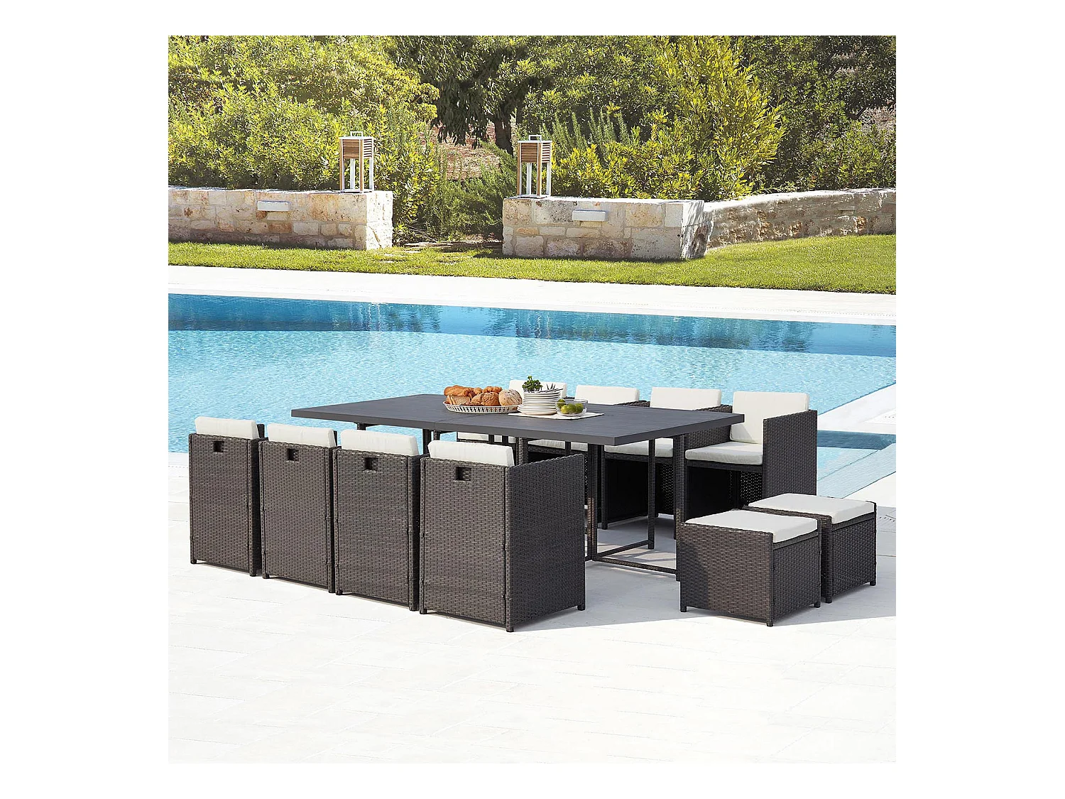 Table et chaise 12 places encastrables alu résine gris-blanc SUNSET