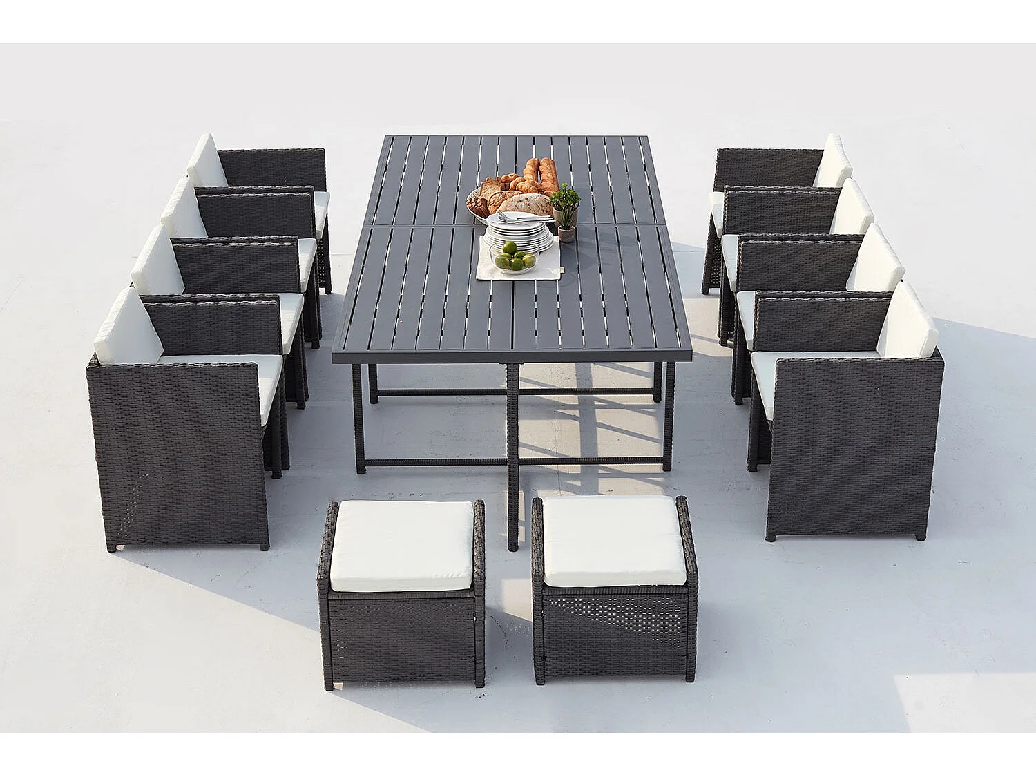 Table et chaise 12 places encastrables alu résine gris-blanc SUNSET