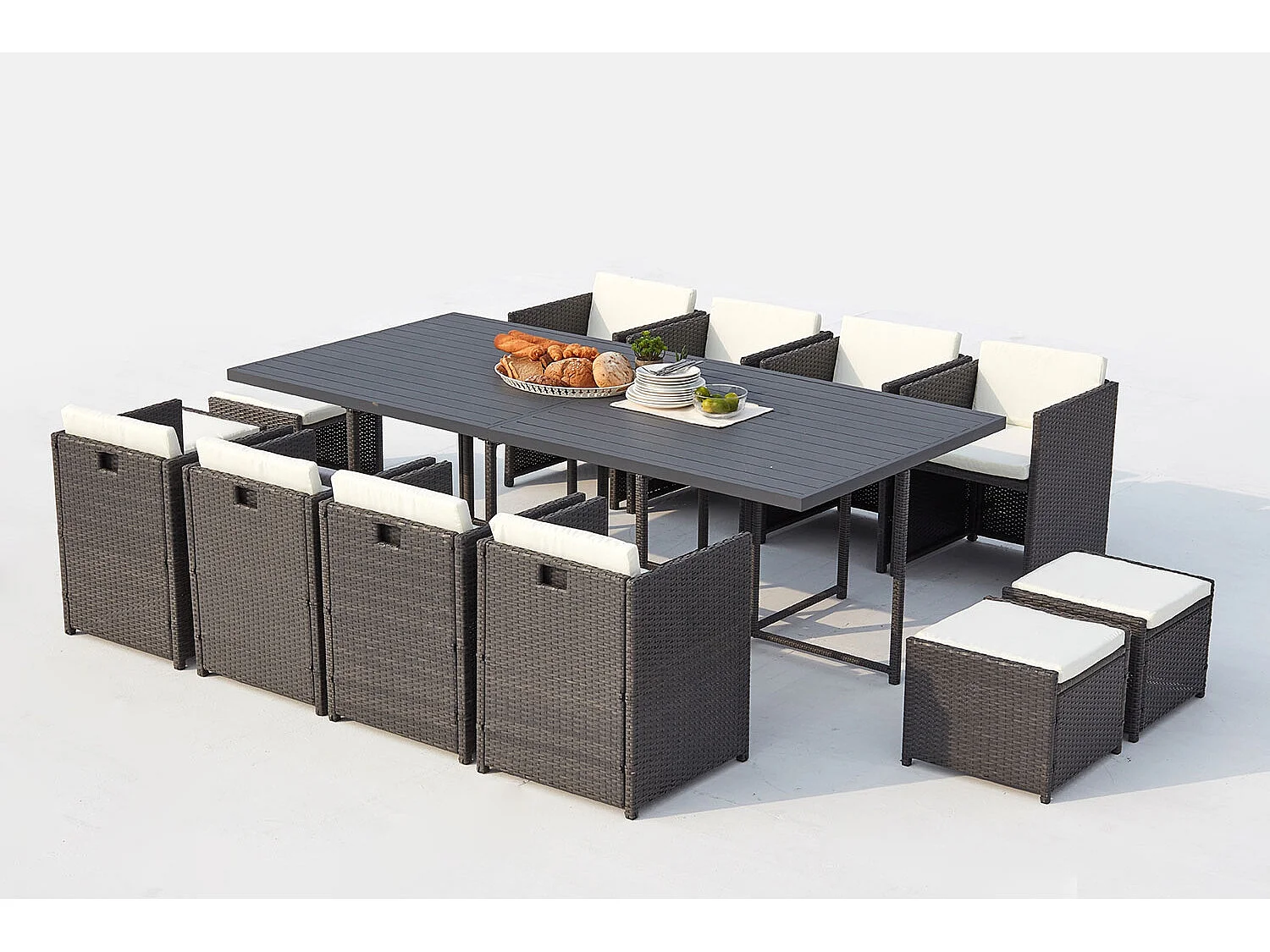 Table et chaise 12 places encastrables alu résine gris-blanc SUNSET