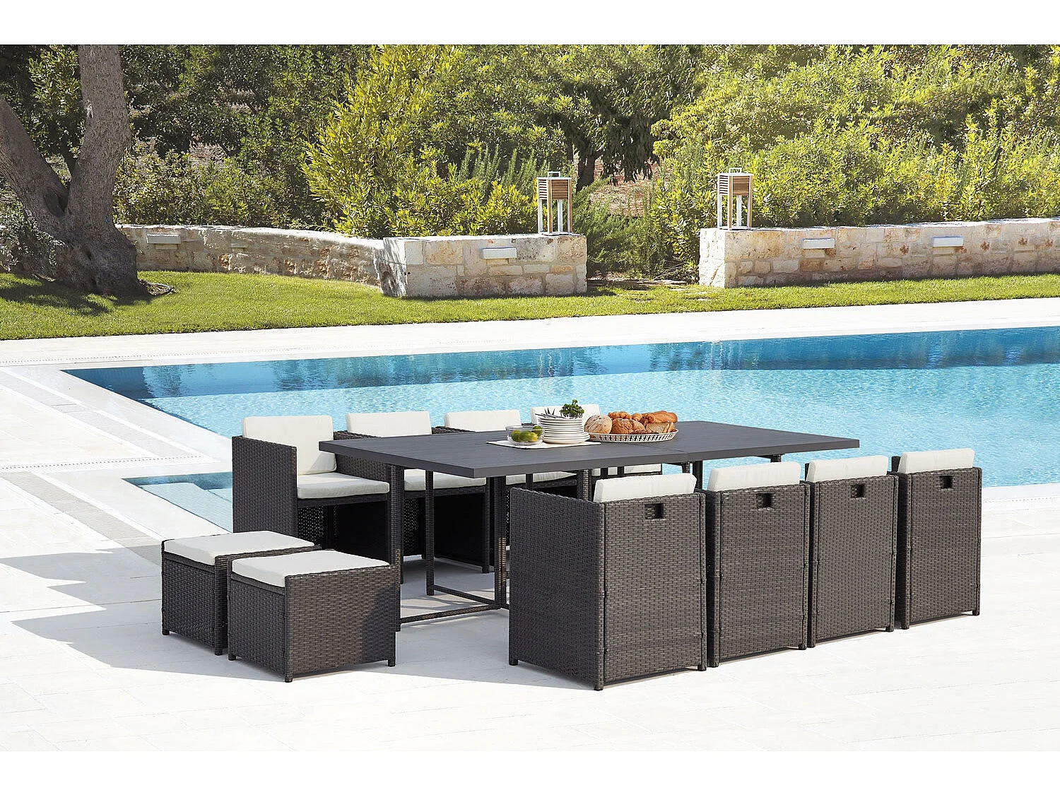 Table et chaise 12 places encastrables alu résine gris-blanc SUNSET