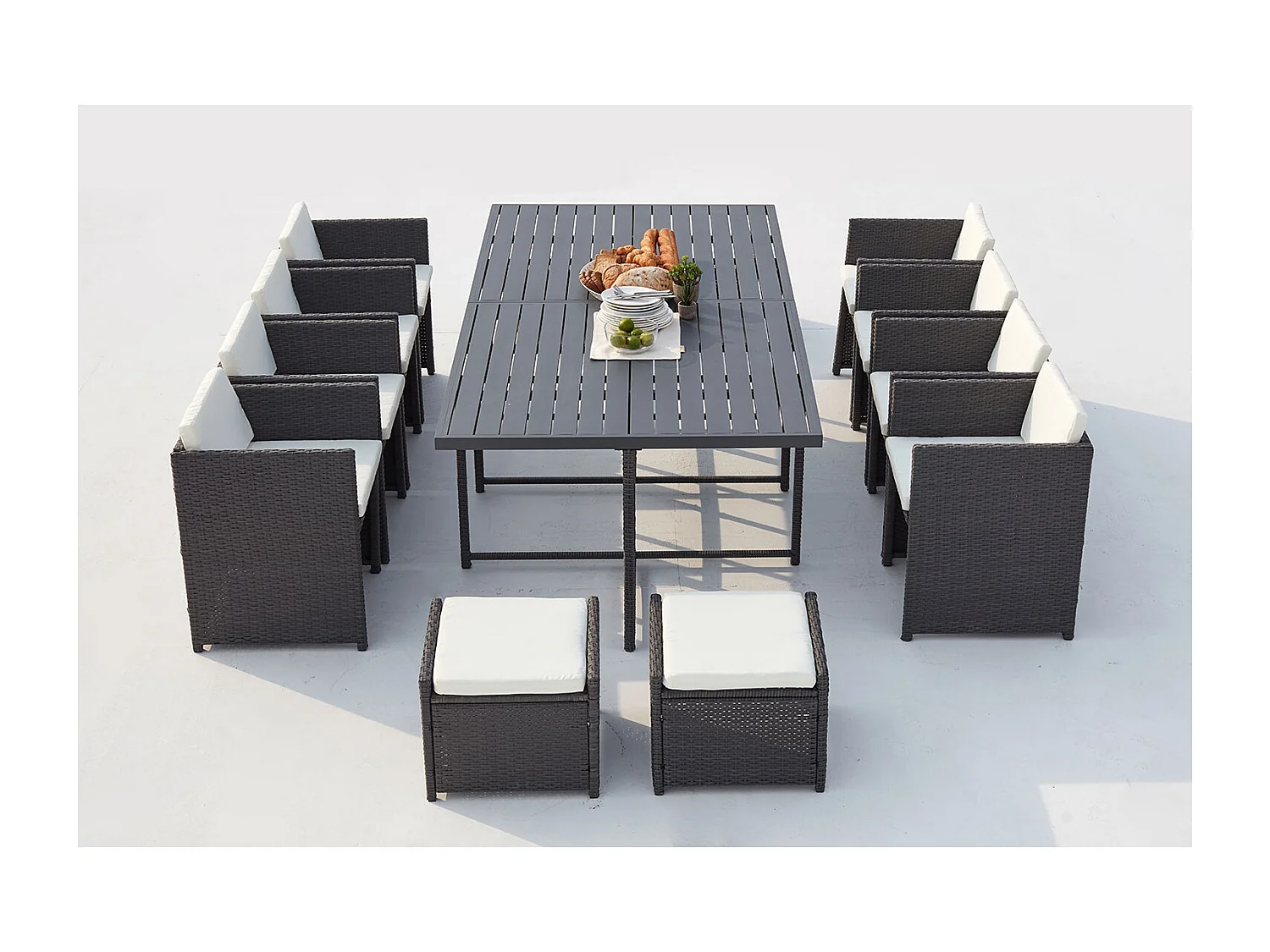 Salón de jardín encastrable 12 plazas resina trenzada y alu gris/blanco SUNSET