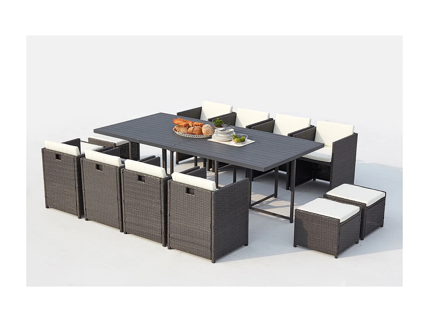 Salón de jardín encastrable 12 plazas resina trenzada y alu gris/blanco SUNSET