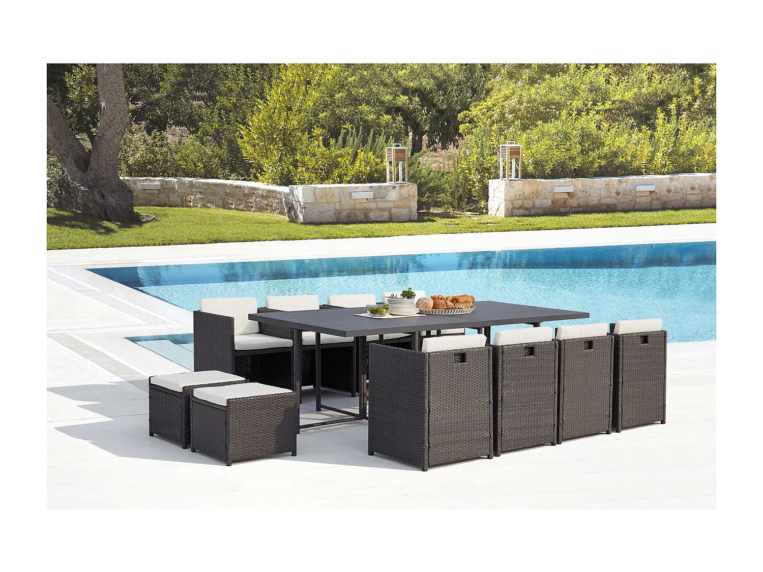 Conjunto de jardim encastrável para 12 pessoas em vime sintético e alumínio cinza/branco SUNSET