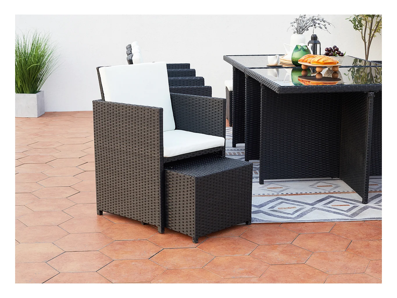 Salotto da giardino a incasso 12 posti resina intrecciata bianco/nero MONACO