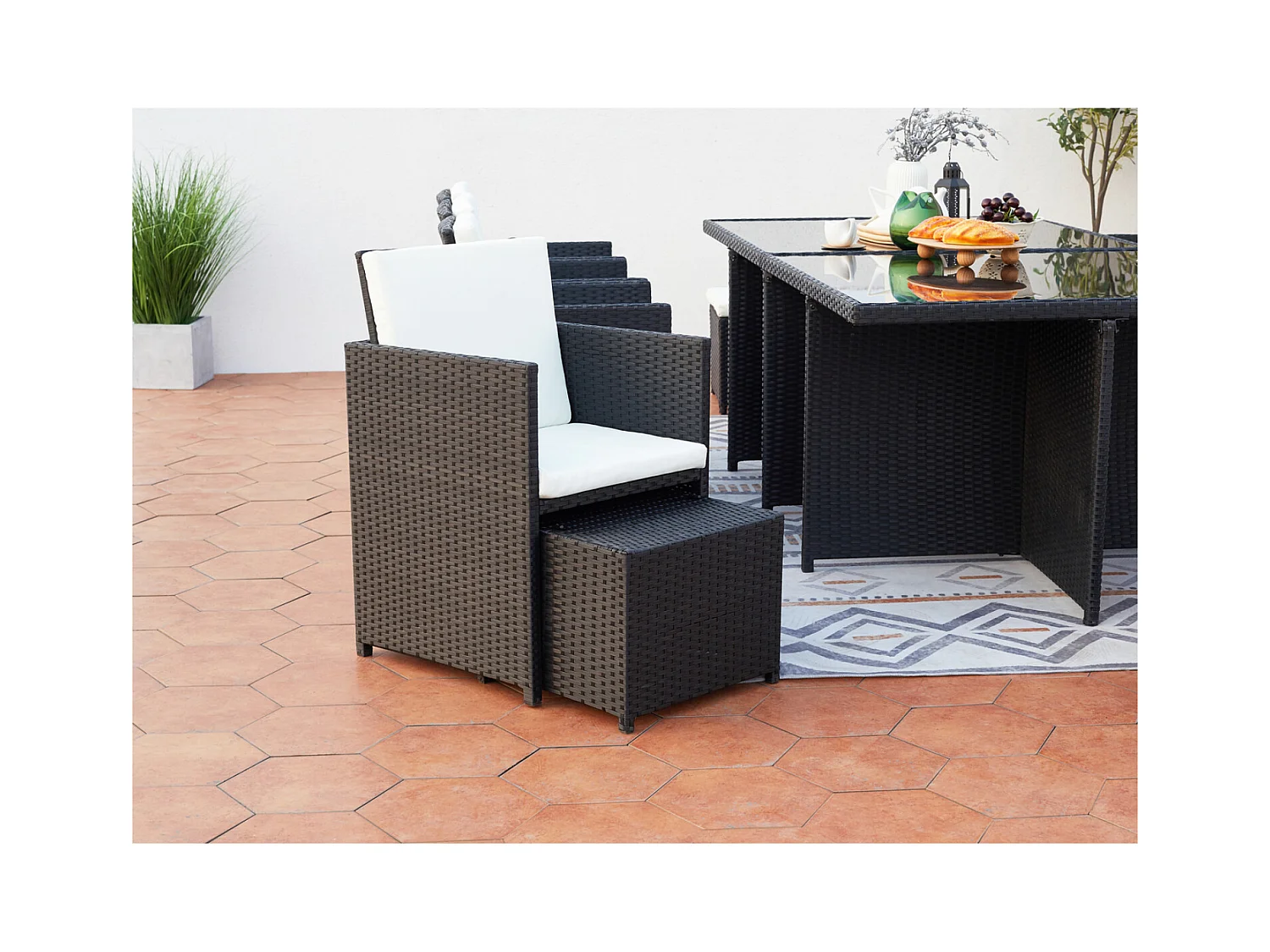 Salotto da giardino a incasso 12 posti resina intrecciata bianco/nero MONACO